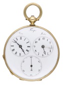 Eugène Bornand & Cie. A gold dual time watch, circa 1855.
Movement: jewelled lever escapement.
Dial: white...