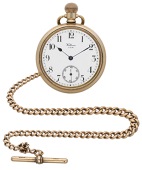 Waltam. A gold plated open-faced keyless watch with a gold Albert chain, 1918.
Movement: lever escapement, no....