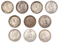 Victoria, Florins (5), 1887 (2), 1888, 1892, 1899 (S 3925, 3939); Edward VII, Florins (5), 1907, 1908, 1909, 1910...