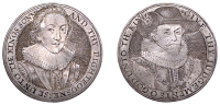 James I and Prince Charles, c. 1620, a cast silver counter in the style of S. de Passe, second issue, bust of James...