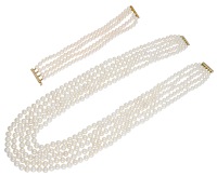 A cultured pearl necklace and bracelet, the five rows of graduated cultured pearls, measuring approximately 4.5mm -...