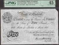 Bank of England, Ernest M. Harvey, £5, London, 4 March 1922, serial number C/84 71897, in PMG holder 45, choice...