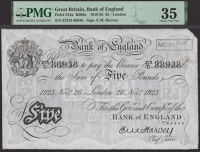 Bank of England, Ernest M. Harvey, £5, London, 26 November 1923, serial number 273/D 88938, bank handstamp top...