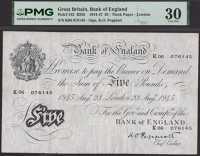 Bank of England, Kenneth O. Peppiatt, £5, 23 August 1945, serial number K06 076145, minor rust, in PMG holder 30,...