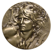 FRANCE, Orphée, 1899, a uniface bronze medal by M.-A.-L. Coudray, head of Orpheus with lyre, edge impressed metal d...