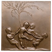 AUSTRIA, Rondo, 1907, an Art Nouveau uniface square bronze plaque by Prof. S. Schwartz, four children dancing round...