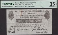 Treasury Series, John Bradbury, £1, 23 October 1914, serial number K/62 13971, rusty paper clip marks in top...