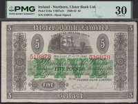 Ulster Bank Limited, £5, 1 October 1940, serial number 519878, manuscript signature, in PMG holder 30, very...