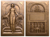 FRANCE, Reconnaissance, 1933, an Art Déco bronze award plaque by R. Bénard, female descending steps, holding...