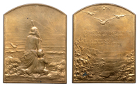 FRANCE, Salut au Soleil, 1899, an Art Nouveau bronze plaque by G. Dupré, old man and child kneeling at sea-side,...