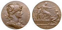 France, Exposition Universelle, Paris, 1889, an Art Nouveau bronze medal by J.-B. Daniel-Dupuis, head of Marianne to...