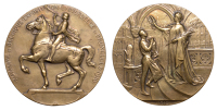 BELGIUM, Exposition Universelle, Brussels, 1910, a bronze award medal by G. Devreese, equestrian figure to left...