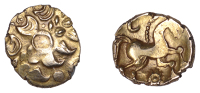 British Iron Age, CATUVELLAUNI, Uninscribed issues, gold Quarter-Stater, Bishop’s Wreath type, wreath,...