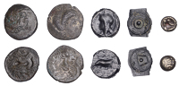 British Iron Age, CANTII, Uninscribed issues, cast Potin Units (2), Thurrock MA type, head of Apollo left, rev....