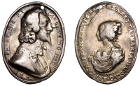Charles I and Henrietta Maria, a cast oval silver Royalist badge by T. Rawlins, bare-headed bust of King right, rev....