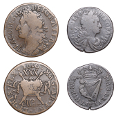 Ireland, Charles II, Halfpenny, 1680 (DF 351; S 6574); together with Gunmoney Halfcrown, March 1690 [2]. Fair or a...