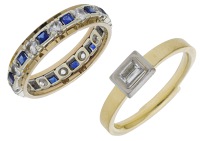 Two gem-set rings, an 18ct bicolour gold ring set with a rectangular fancy-cut diamond, the shank of overlapping...