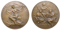 BELGIUM, Exposition Universelle, Liège, 1905, a bronze award medal by P. Dubois, three seated symbolic females,...