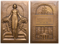 FRANCE, Reconnaissance, 1933, an Art Déco bronze award plaque by R. Bénard, female descending steps, holding...