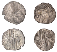 British Iron Age, DUROTRIGES, Uninscribed issues, silver Quarter Staters (2), Badbury Rat type, trace of ‘three...