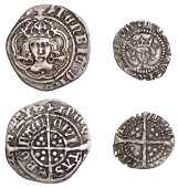 Henry V, Definitive issues, Halfpenny, class D, annulets by hair, 0.33g/1h; (N 1410; S 1795); Henry VII, Halfgroat,...