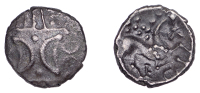 British Iron Age, ICENI, Ecen (c. AD 10-43), silver Unit, Six type, double crescent emblem on vertical wreath, rev....