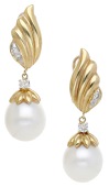 A pair of 14ct gold and cultured pearl ear pendants, of scrolled fan design with cultured pearl drops and...
