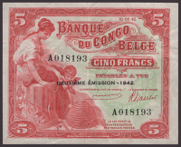 Banque du Congo Belge, 5 Francs, 10 June 1942, serial number A018193, DEUXIEME EMISSION-1942 in field, good very...