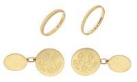 A collection of jewellery, comprising two 22ct gold wedding bands, UK hallmarks, and a pair of cufflinks, the...