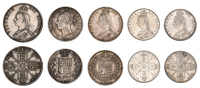 Victoria, Double-Florin, 1890, Halfcrowns (2), 1878, 1889, Florins (2), 1887, 1891 (S 3889, 3923, 3924, 3925) [5]....