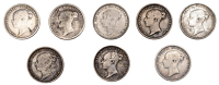 Victoria, Sixpences (8), 1842, 1845, 1855, 1862, 1869, 1871, 1873, 1879 (S 3908-11) [8]. Fair to good fine	 £100-£120