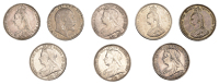 Victoria, Shillings (7), 1887 (2), 1891, 1894, 1895, 1896, 1899 (S 3926, 3927, 3940); Edward VII, Shilling, 1909 (S...