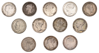 Victoria, Threepences (10), 1838, 1845, 1872, 1877, 1878, 1879, 1881, 1882, 1884, 1885 (S 3914); Edward VII,...