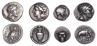 Tarentum, Drachm, 302-280, helmeted head of Athena right, rev. owl standing right, tαρ above, io and club to...