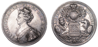Union of England and Scotland, 1707, a copper medal by J. Croker, crowned and draped bust of Anne left, rev. crowned...