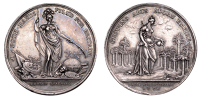 Jernegan’s Lottery, 1736, a silver medal by J.S. Tanner, Minerva standing between trophies and emblems of arts and...