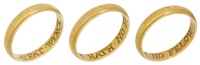 A 16th - 17th century posy ring, the plain band inscribed within in seriffed Roman capitals script ‘A FAT WENCH...