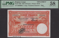 Banque du Congo Belge, specimen 20 Francs, 10 December 1942 (1943), serial number H000000, specimen number 2,...