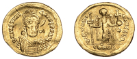Justinian I (527-565), Solidus, Constantinople, 527-38, 1st Officiana, helmeted and cuirassed bust right,...