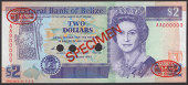 Central Bank of Belize, specimen $2, 1 May 1990, serial number AA000000, specimen number 082, Slusher, Arnold, and...