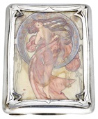 An Italian silver cigar case, the lid inset with an Art Nouveau style composition panel of a maiden in flowing...