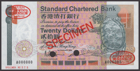 Standard Chartered Bank, Hong Kong, specimen $20, 1 January 1985, serial number A000000, specimen number 079, red...