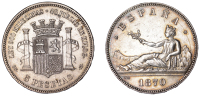 Spain, Provisional Government, 5 Pesetas, 1870snm, (1870) Madrid (Cal. 3; Aureo 39; KM 655). Hairlines, otherwise...