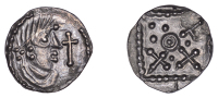 Early Anglo-Saxon Period, Sceatta, Secondary series G [Quentovic], type 3a, bust right with low circular drapery and...