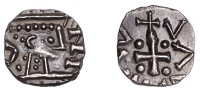 Early Anglo-Saxon Period, Sceatta, Continental series D, type 2c, small, upright bust right, with pelleted diadem,...