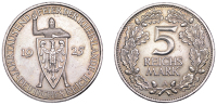 Germany, Weimar Republic, 5 Reichsmark, 1925a, 1000th Year of the Rhineland, Berlin (Dav. 965; Jaeger 322; KM 47)....