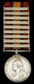 The rare maximum ‘8 battle clasps’ Queen’s South Africa medal awarded to Corporal H. J. Edy, Damant’s Horse,...