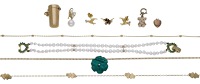 A collection of jewellery, to include a 9ct gold, cultured pearl and emerald bracelet, London hallmark, a miniature...