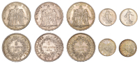 France, Third Republic, 5 Francs (3), 1873a (2), 1874a, Franc (2), both 1898, all Paris (Gad. 467, 744; KM 820.1,...