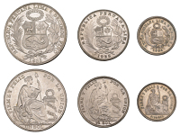 Peru, Republic, Sol and Half-Sol, both 1935, Fifth-Sol, 1864yb, all Lima (KM 191, 218.2) [3]. All lustrous,...